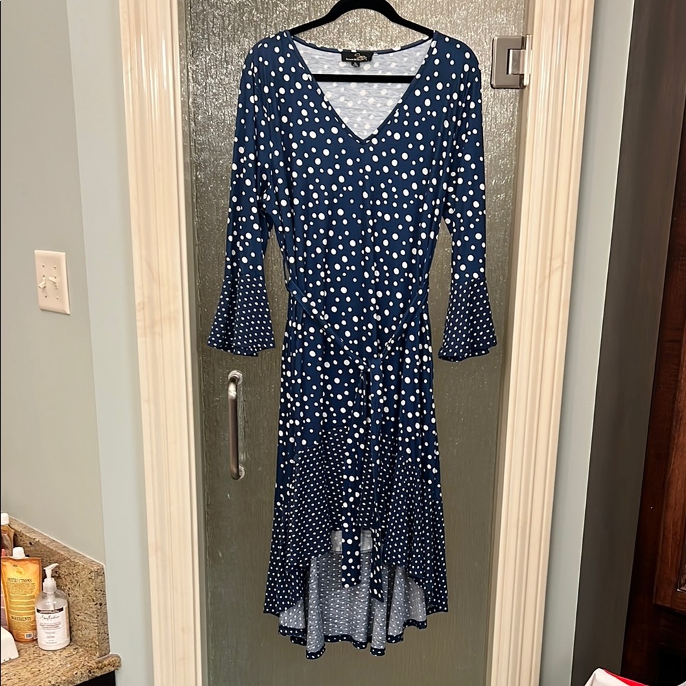 Suzanne Betro Blue and White High-Low Wrap Dress with V-Neck